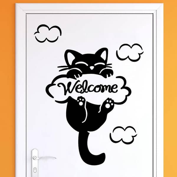 Wall decal door Welcome cat (12 by 18 inches)