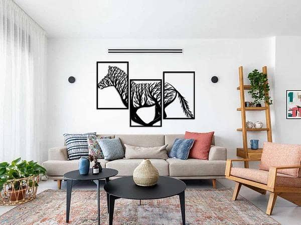 Zebra, Horse, Tree, Branches: 3 Panels Wall Sticker for Living Room or Office