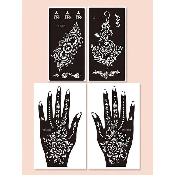 Flower Pattern Hollow Out Tattoo Template, 4 Sheets PVC Tattoo Stencil for Hand