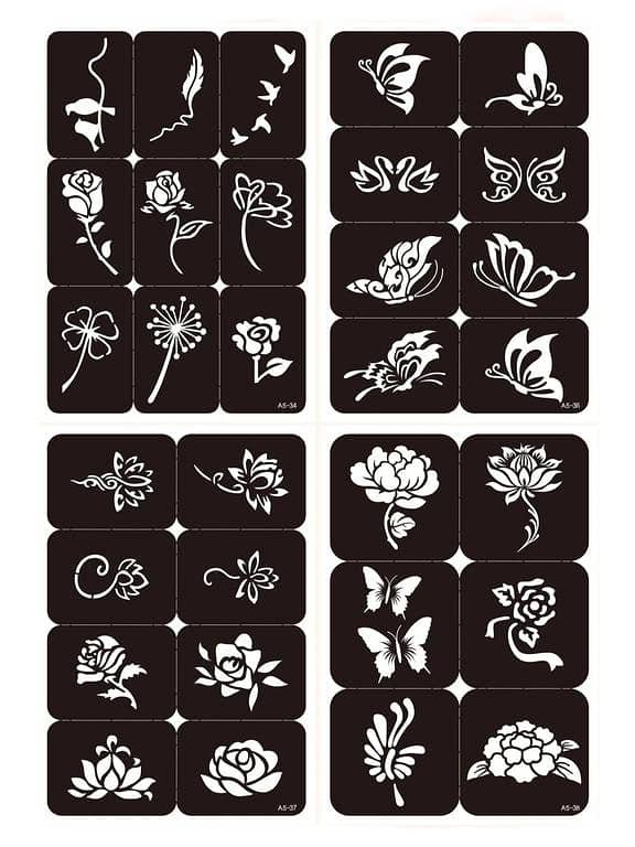 Tattoo Stencil Kit,4 Sheets Flower & Butterfly Print Tattoo Stencils for Women and Girls