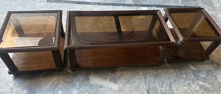 Strong Wooden Center Table with 2 Side Tables (Glass Top)