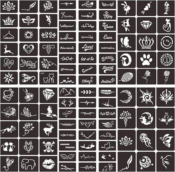 6 Sheets Henna Tattoo Stencil Kit: Self-Adhesive, Reusable Templates for Body Art (108 Patterns) for Adults, Teens & Kids