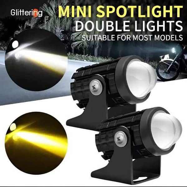 (2 pcs) Mini Driving Fog Lights for All Motorcycles, Cars, and Jeeps — Dual White and Amber Lens Projectors, 20W Each, Includes Switch