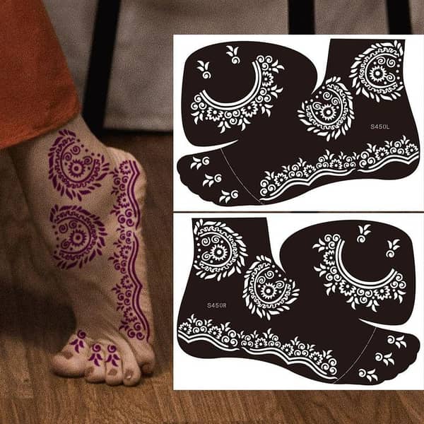 2sheets Flower Pattern Hollow Out Foot Tattoo Stencil