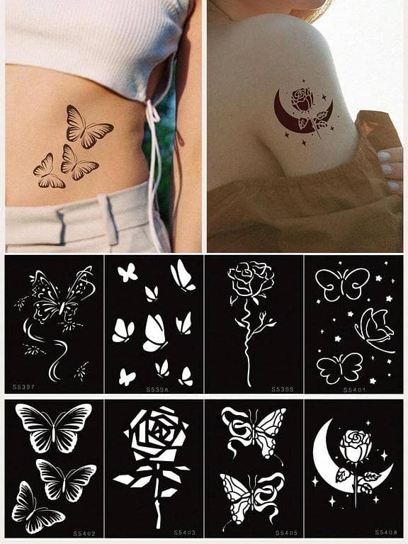 8 pcs Floral Tattoo Stencil Set: Butterfly, Rose, and Flower Hollow Stickers for Body Art