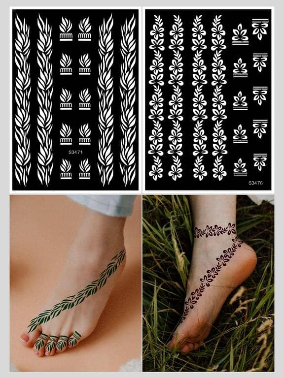 2pcs Foot Flower Pattern Henna Tattoo Stencil Sticker, Hollow Out Design