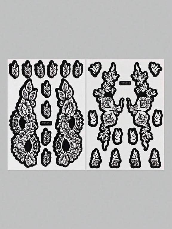 2 Sheets Flower Mehndi Stencils – Hand Tattoo Templates, Glitter Tattoos, Reusable DIY Body Art (Bridal Designs)