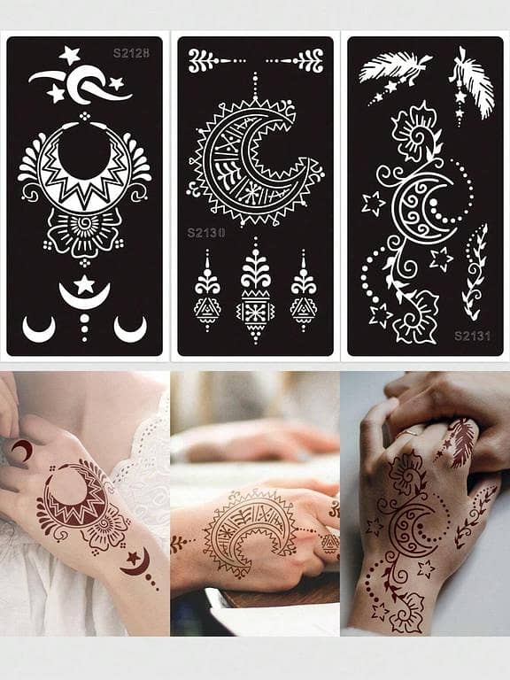 3 Sheets Henna Stickers: Moon and Feather Henna Stencil Set for Body Painting
