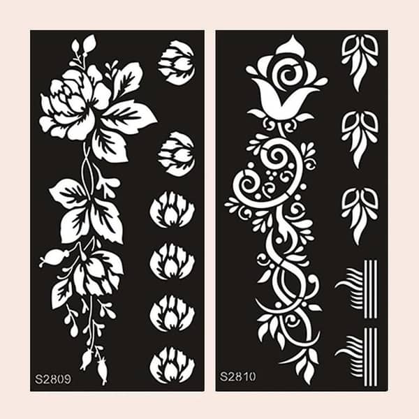 2 Sheets Flower Pattern Tattoo Stencil (Black, Paper)