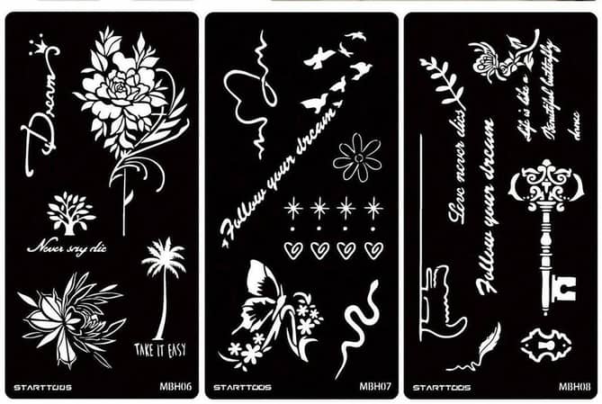 3-Piece Hollowed Tattoo Templates with 2 Bottles of Black Ink – Waterproof Realistic Body, Finger, and Wrist Tattoos