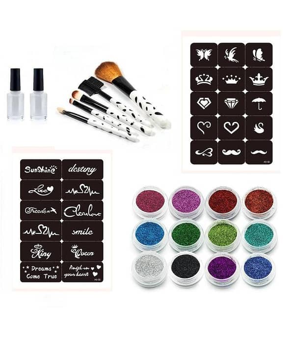 2 Stencils with 12 Glitter Powders: Temporary Tattoo Glue Kit with Brush