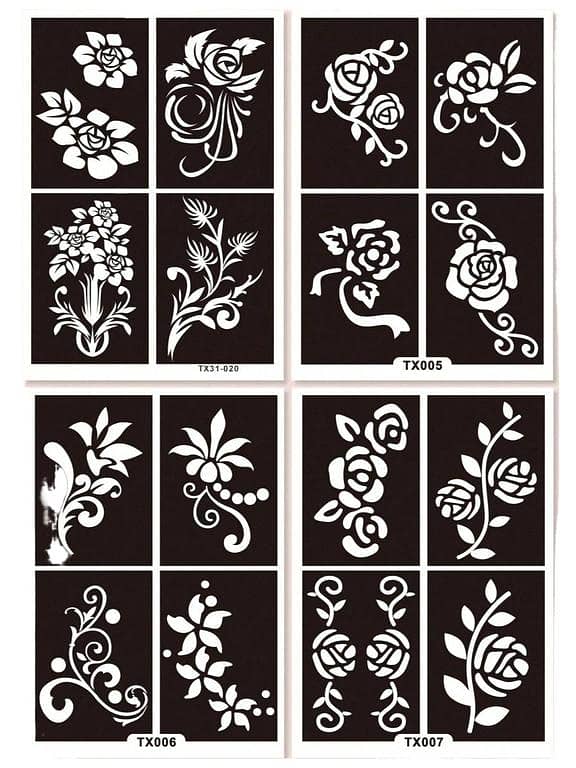 Rose Pattern Hollow Out Tattoo Stencil, 4sheets PVC Body Art Painted Stencil Tool