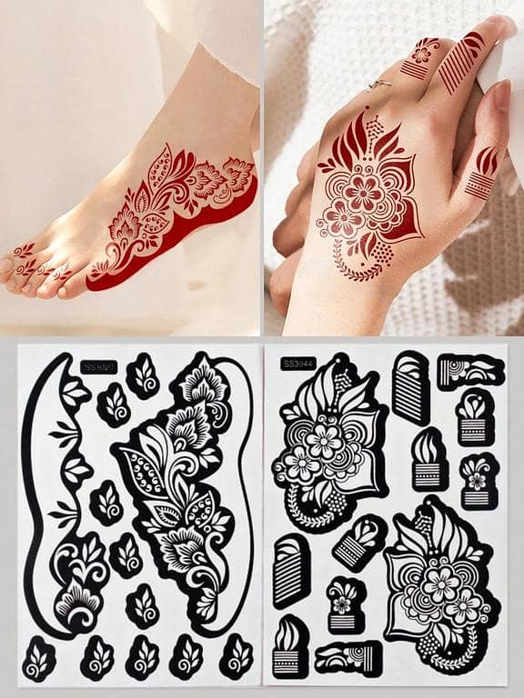 2 Sheets Flower Tattoo Stencils, Hand Tattoo Templates, Glitter Tattoo Templates, Reusable Tattoo Stickers for DIY Body Art and Mehndi Designs