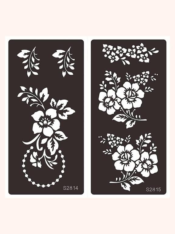 Tattoo Stencil Kit: 2 Flower Pattern Stencils for Women and Girls, Reusable Henna Templates for Hand, Face and Body Art