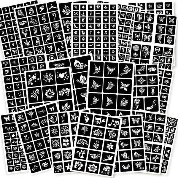 ChurlChurl 575pcs Temporary Tattoo Stencils - 20 A4 Sheets for Face, Body, and Art for Women, Teens, Kids