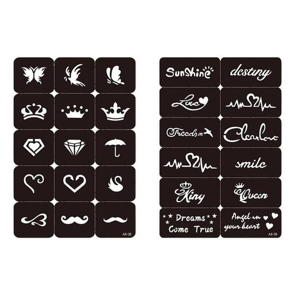 Tattoo Stencil Kit: 2 Sheets Butterfly & Letter Graphic Print Stencils for Women and Girls, Reusable PVC Stencil Set