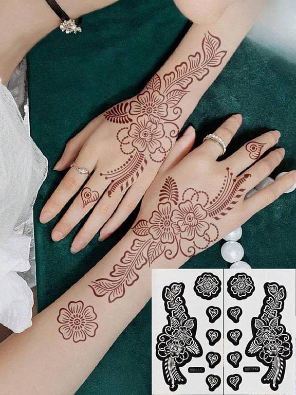 2 Sheets Hand Flower Henna Tattoo Stencil Pack – Floral Adhesive Hollow Stickers for Hand Body Art, Reusable Mehndi Templates for Parties