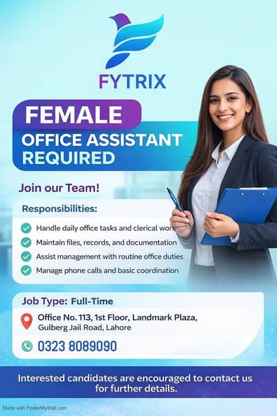 Female Office Assistant Required – Fytrix Pvt Ltd (Gulberg, Lahore)