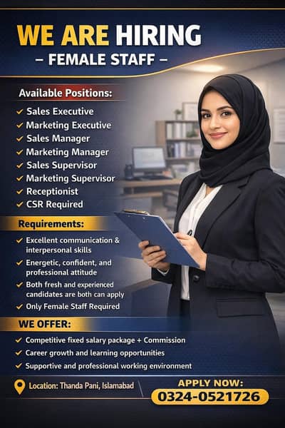 Office Jobs female Staff Required / Urgent Hiring - Islamabad