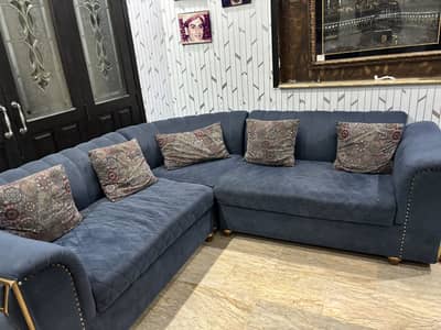 Navy Blue L-Shape Sofa (Velvet with Gold Accents)