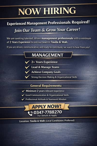 Hiring Now: Management, Marketing, HR & Accountant | Taxila & Wah