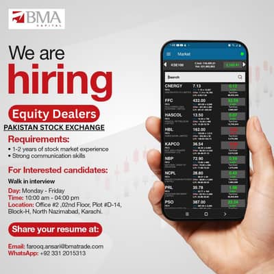 Equity Dealers for PSX - Office Job -Urgent Hiring - Walk in Interview