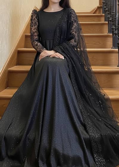 Black maxi with fully embroidered net dupatta