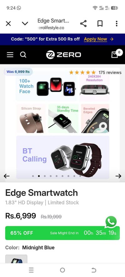 zero life style smart watch edge 6 month warranty with box