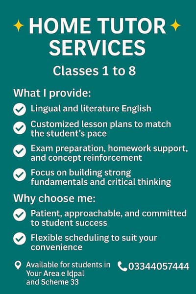 Home Tutor Available In radius of Gulshan e Iqbal to scheme 33