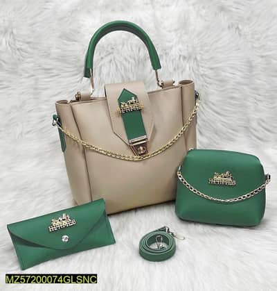 3-in-1 Luxury Style Handbag Set - Emerald Green & Beige - Brand New