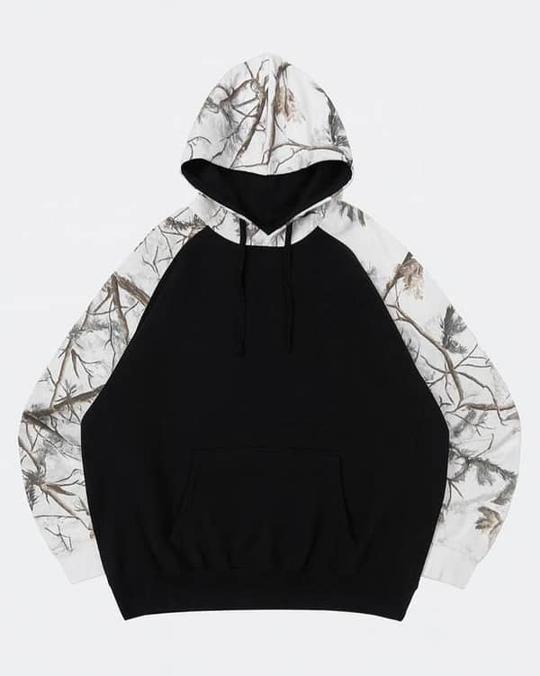 Men's Kangaroo Hoodie, Camouflage Sleeves. Black Hoodie