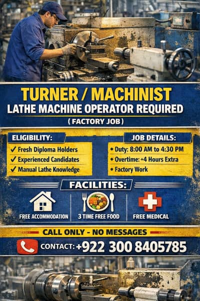 Turner / Machinist / Lathe Machine Operator Required (Factory Job)