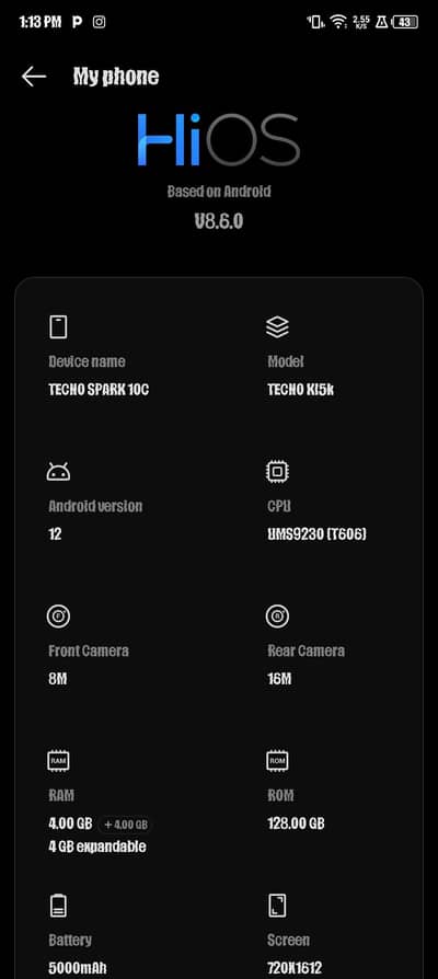 Tecno 10c 4+4 128 Exchange