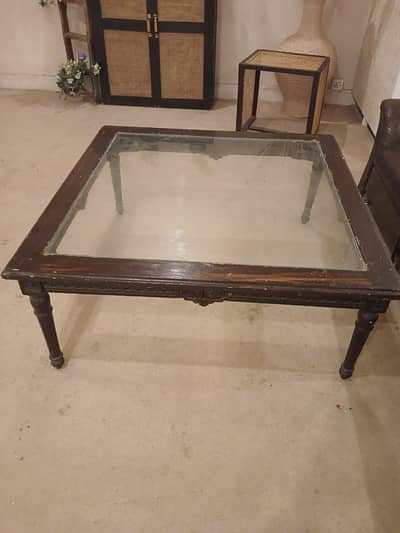 Classic Glass-Top Center Table – Dark Wood