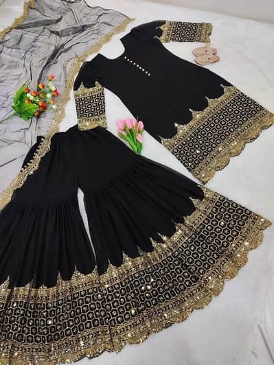 Black Shamoz Silk 3-Pc Embroidered Suit - Ready to Wear