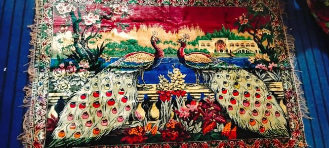 Vintage velvet peacock tapestry or wall hanging.