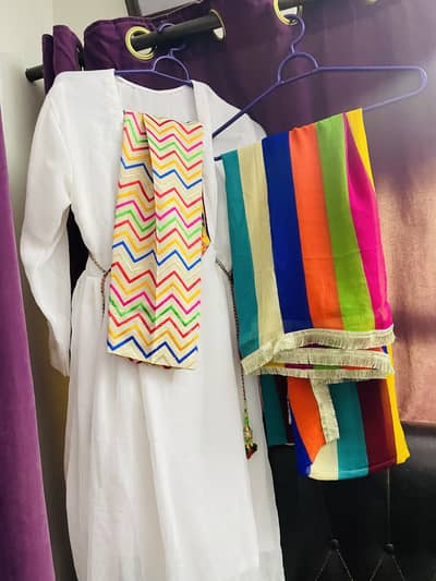 White short frock with colourful trouser and duppatta