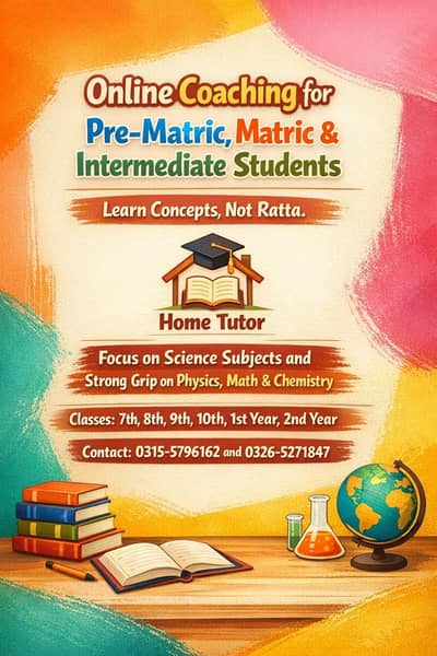 Home tuition and online coaching for under matric to Intr.