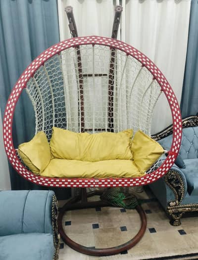 Majestic Crown Red & White Handcrafted Swing Chair With Yellow Cushion