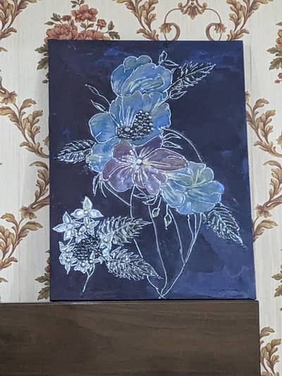 Blue Floral Textured Wall Art with Resin Finish