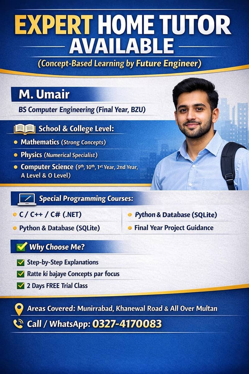 Home tutor in Multan - Computer science, programming,Math & physics 0