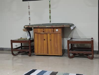 wooden Iron table and 2 side tables