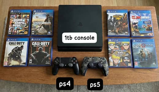 Playstation 4 with 8 popular game CDs and Ps5 controller