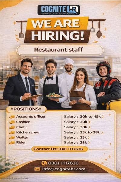 Kitchen Crew Staff | Account Officer | Cashier | Rider | Male & Female