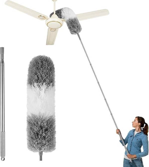 Upgraded Long Handle Microfiber Feather Fan Ceiling Duster for Dust Cleaning with extendable Pole 100 Inch with Anti Scratch Bendable Brush for Cleaning High roof Cobweb Stick | Grey