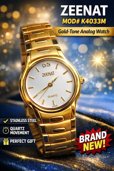 Zeenat MOD#K4033M gold-tone stainless steel analog wrist watch.