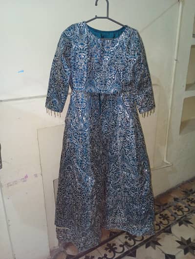 Royal Teal Blue Full-Work Long Lehenga/Frock Set – Size Medium.