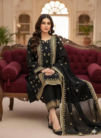 3 Pcs Women's Unstitched Embroidered Suit