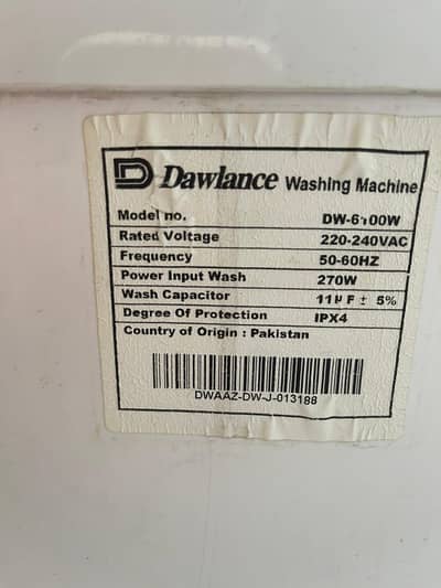Dawlance DW 6100 w washing machine only six months used
