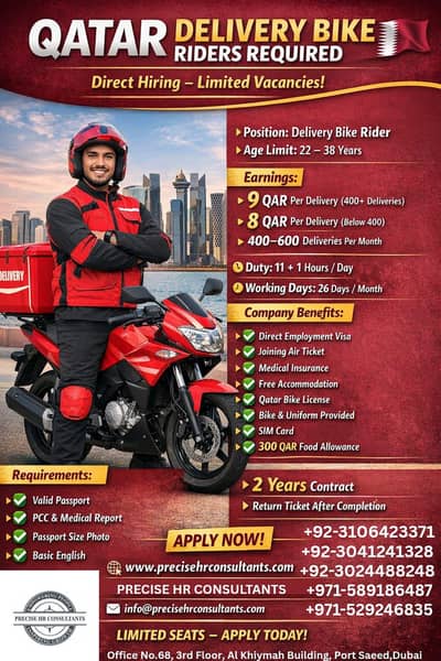 QATAR DELIVERY BIKE RIDERS REQUIRED